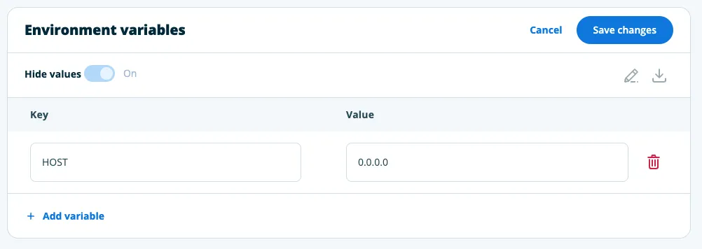 Screenshot of the “Add variable” screen with the “key” set to “HOST” and the “value” set to “0.0.0.0”